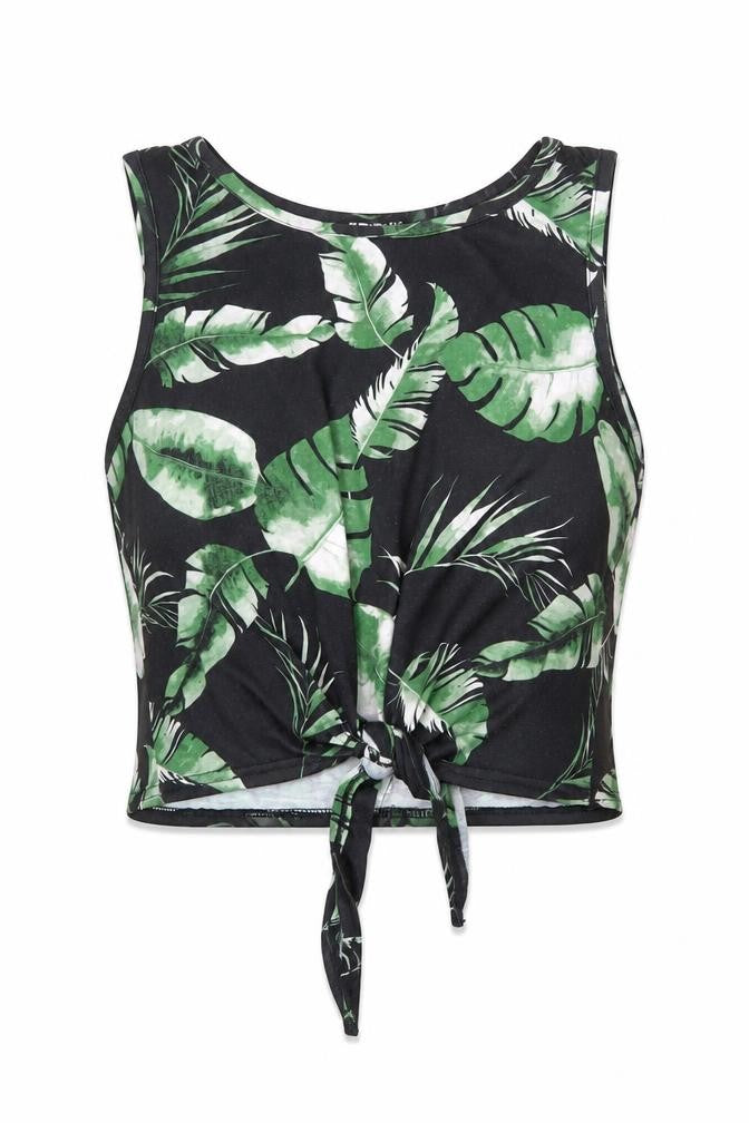 Select Womens Black Geometric Polyester Cropped Tank Size M Round Neck - Leaf Print Knot Front