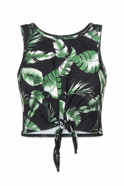 Select Womens Black Geometric Polyester Cropped Tank Size M Round Neck - Leaf Print Knot Front