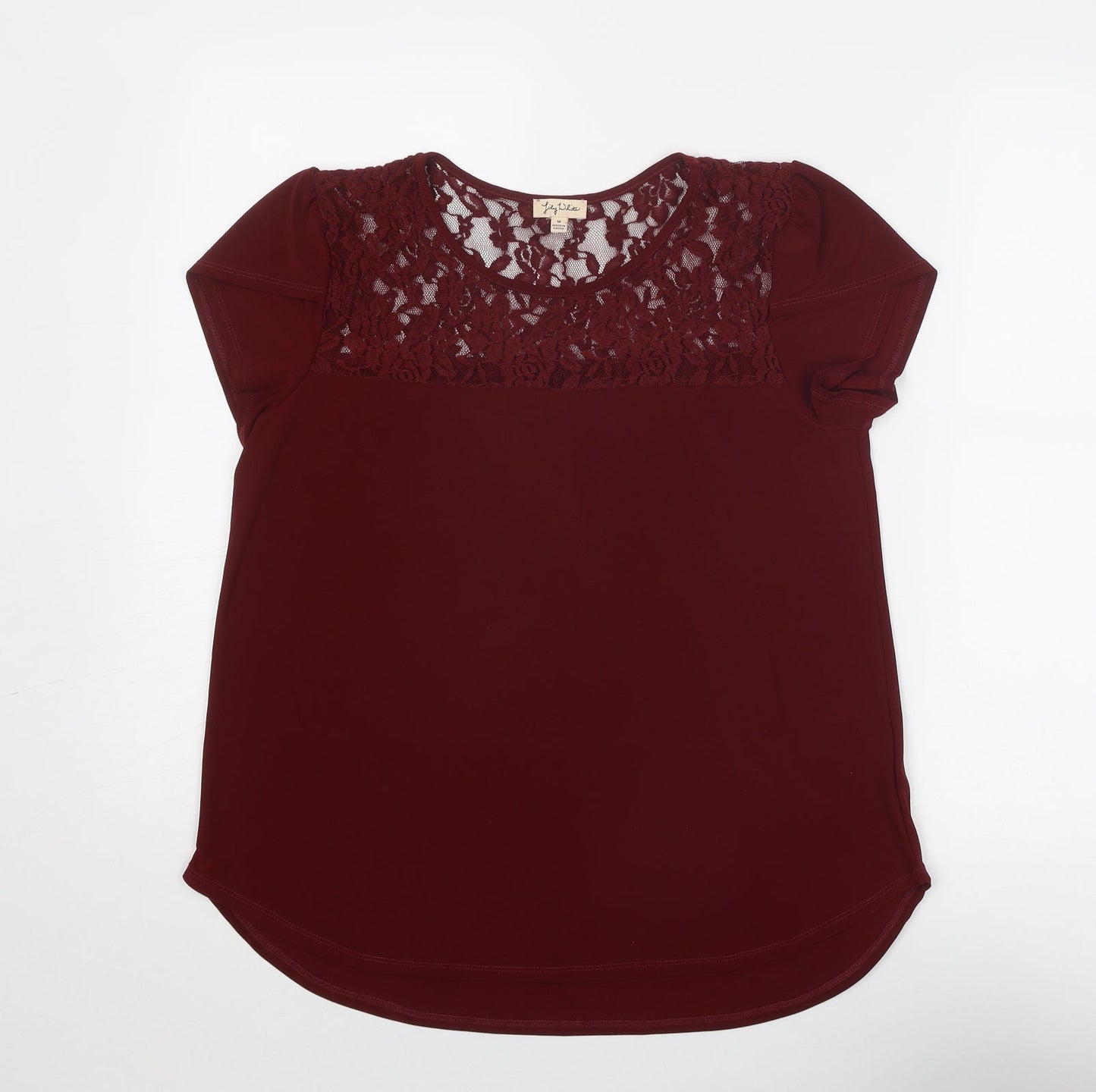 Lily White Womens Red Polyester Basic Blouse Size M Round Neck - Lace Details
