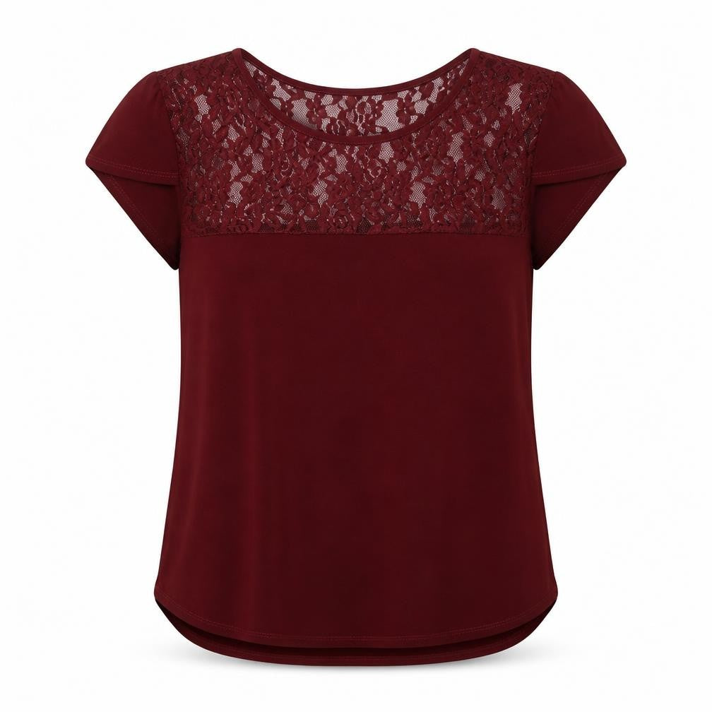 Lily White Womens Red Polyester Basic Blouse Size M Round Neck - Lace Details