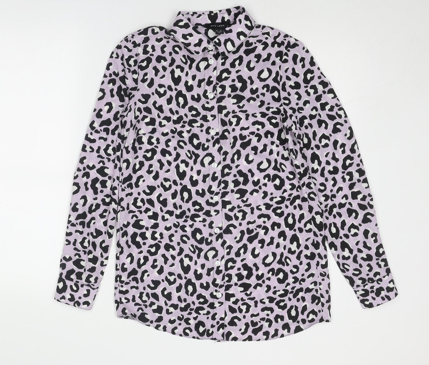 New Look Womens Purple Animal Print Polyester Basic Button-Up Size 8 Collared - Leopard Print