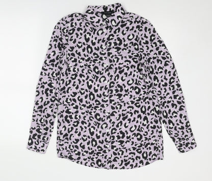 New Look Womens Purple Animal Print Polyester Basic Button-Up Size 8 Collared - Leopard Print
