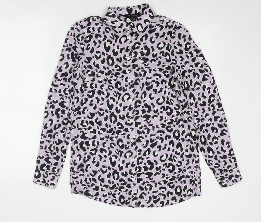 New Look Womens Purple Animal Print Polyester Basic Button-Up Size 8 Collared - Leopard Print