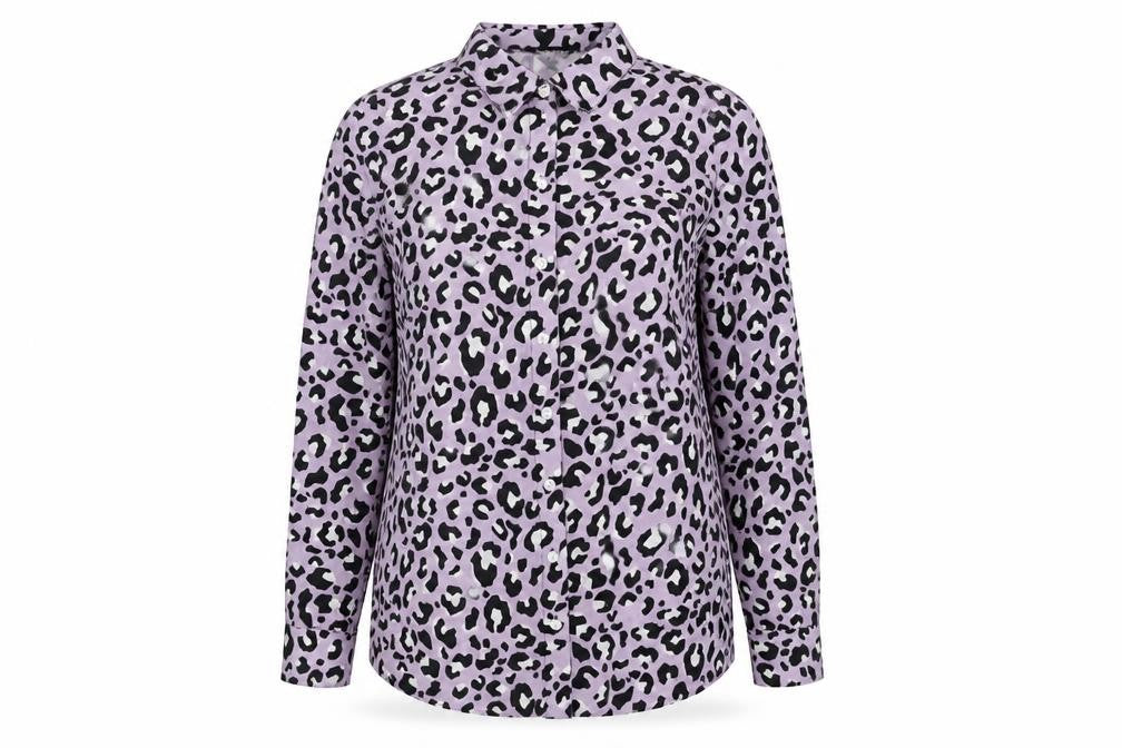 New Look Womens Purple Animal Print Polyester Basic Button-Up Size 8 Collared - Leopard Print