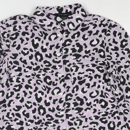 New Look Womens Purple Animal Print Polyester Basic Button-Up Size 8 Collared - Leopard Print