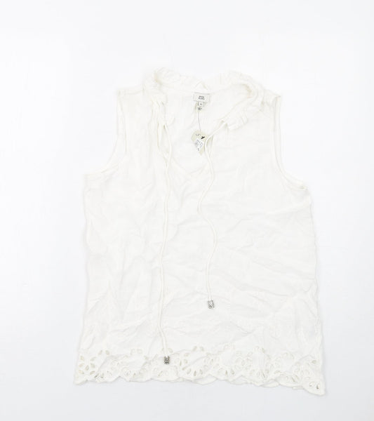 River Island Womens White Viscose Basic Blouse Size XS V-Neck - Broderie Anglaise
