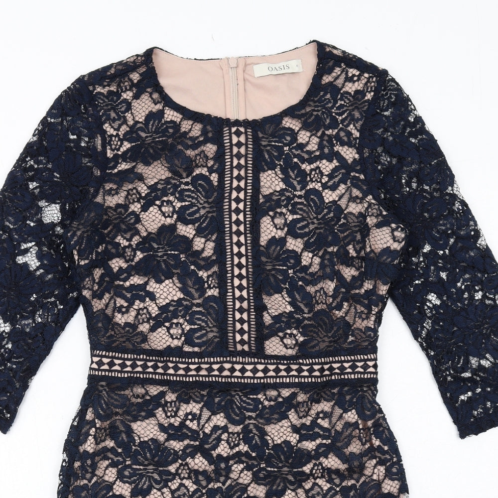 Oasis Womens Blue Polyester Mini Size 8 Boat Neck Zip - Lace Overlay