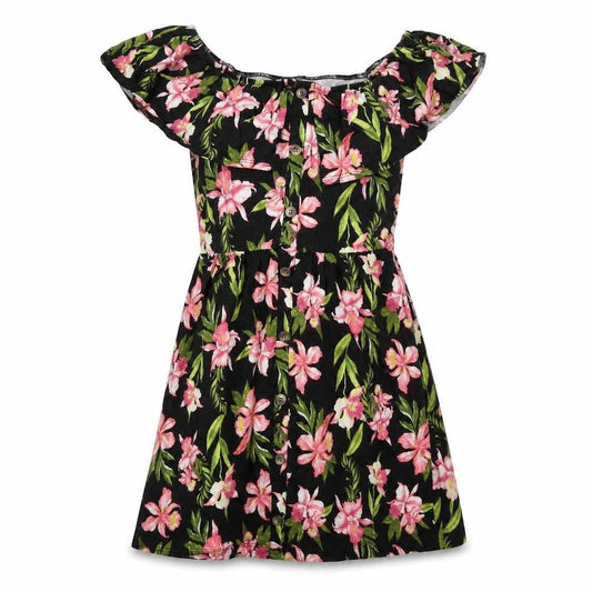 Front view of ASOS women’s black floral cotton fit & flare, size UK 8, off the shoulder pullover