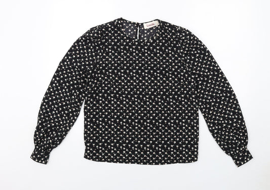 Louche Womens Black Floral Polyester Basic Blouse Size 8 Round Neck