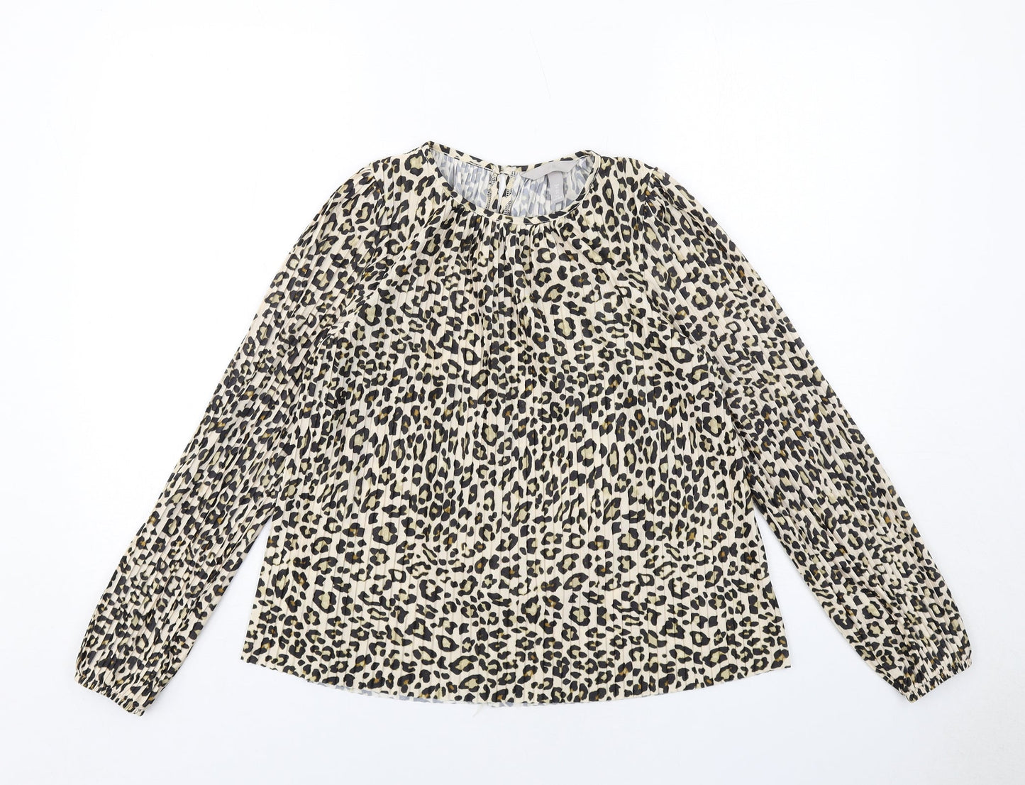 H&M Womens Beige Animal Print Polyester Basic Blouse Size XS Round Neck - Leopard Print