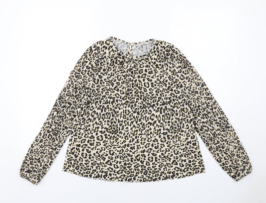 H&M Womens Beige Animal Print Polyester Basic Blouse Size XS Round Neck - Leopard Print