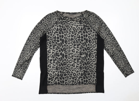 Zara Womens Black Animal Print Polyester Basic Blouse Size L Round Neck - Leopard Print