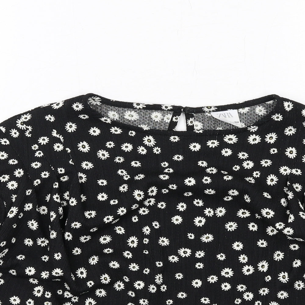 Zara Girls Black Geometric Polyester Basic T-Shirt Size 13-14 Years Round Neck Button - Daisy Print
