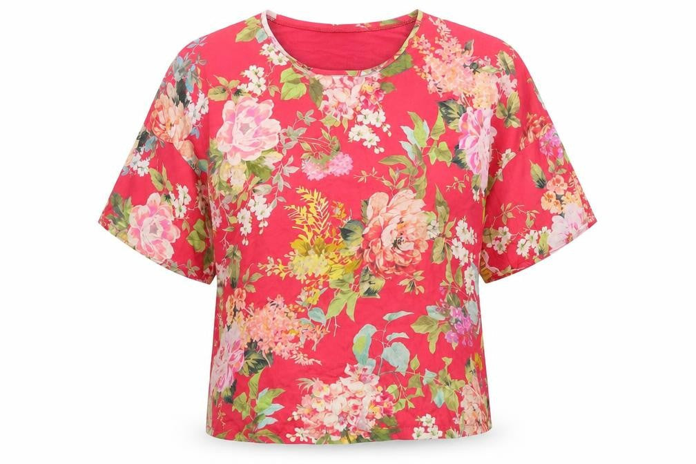 Mango Womens Red Floral Polyester Basic Blouse Size XS Round Neck