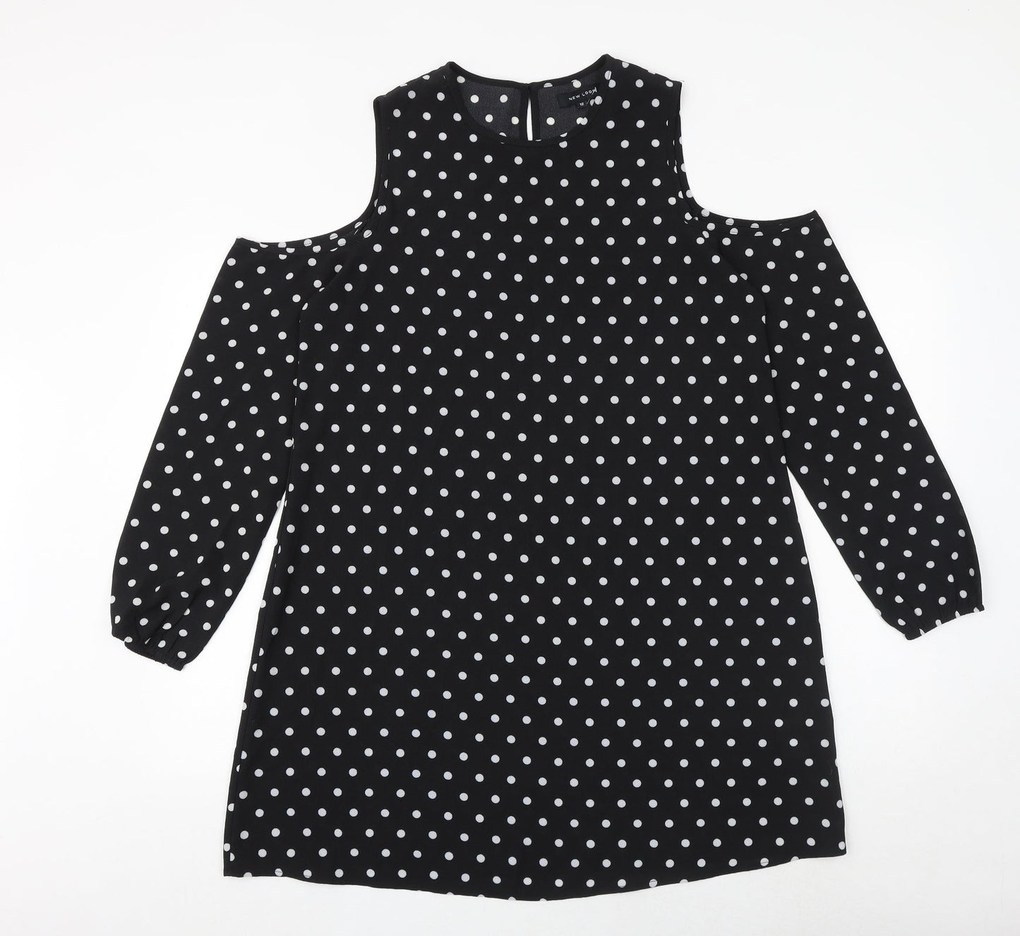 New Look Womens Black Polka Dot Polyester A-Line Size 12 Round Neck Button - Cold Shoulder