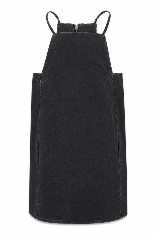 Topshop Womens Black Cotton Pinafore/Dungaree Dress Size 6 Square Neck Zip