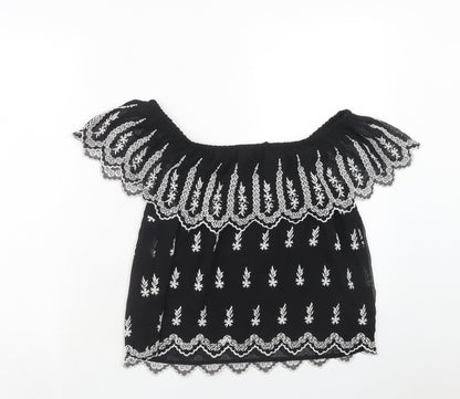 Back view of Miss Selfridge women’s black polyester basic blouse, size UK 10, off the shoulder