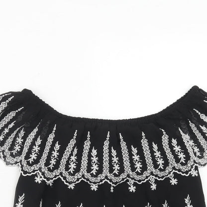 Close-up detail of Miss Selfridge women’s black polyester basic blouse, size UK 10, off the shoulder