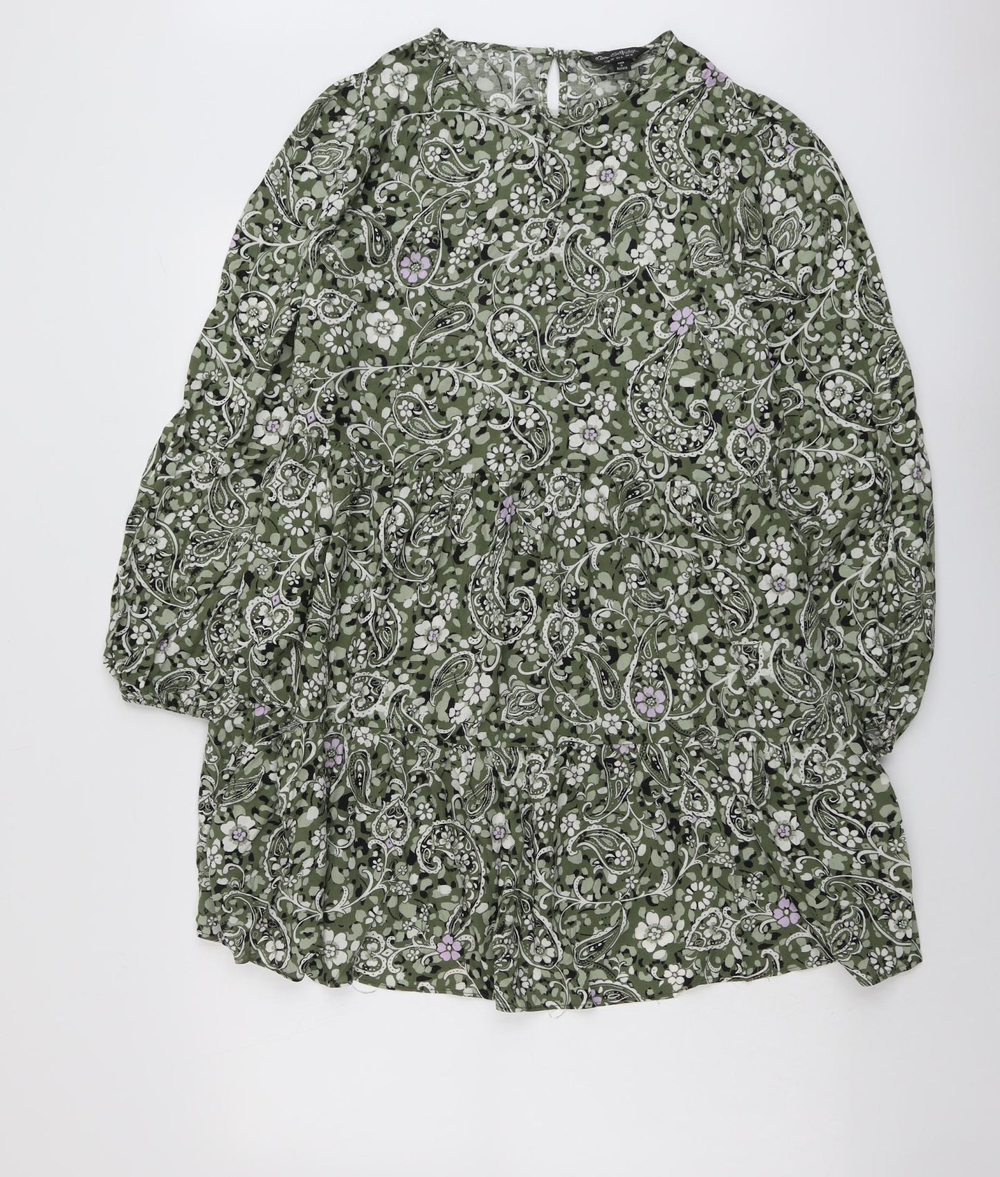 Miss Selfridge Womens Green Geometric Viscose A-Line Size 10 Round Neck Button