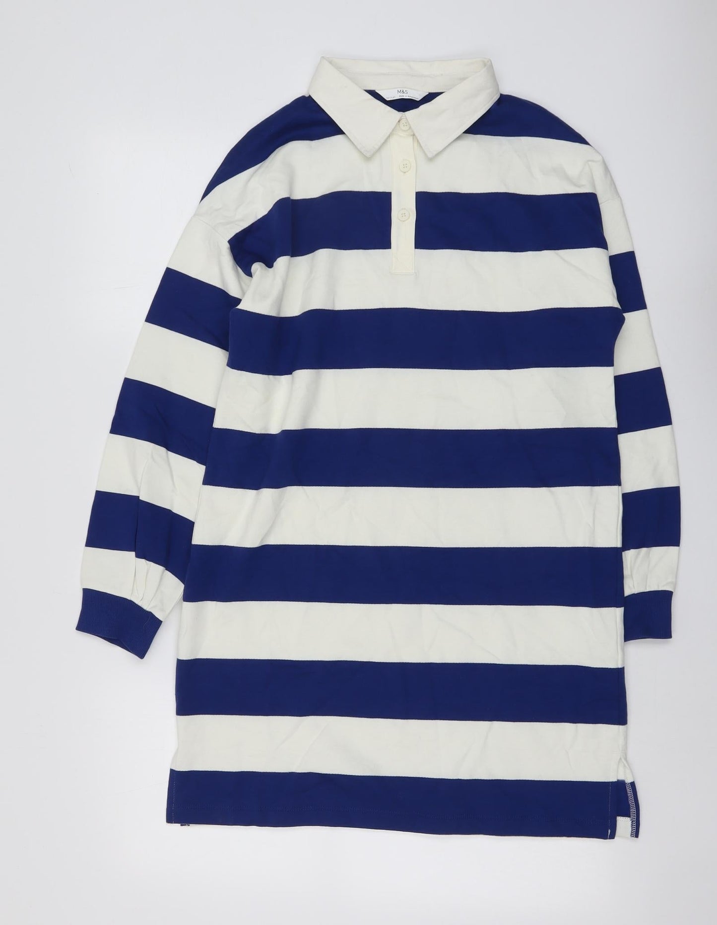 Marks and Spencer Girls Blue Striped Cotton A-Line Size 12-13 Years Collared Button