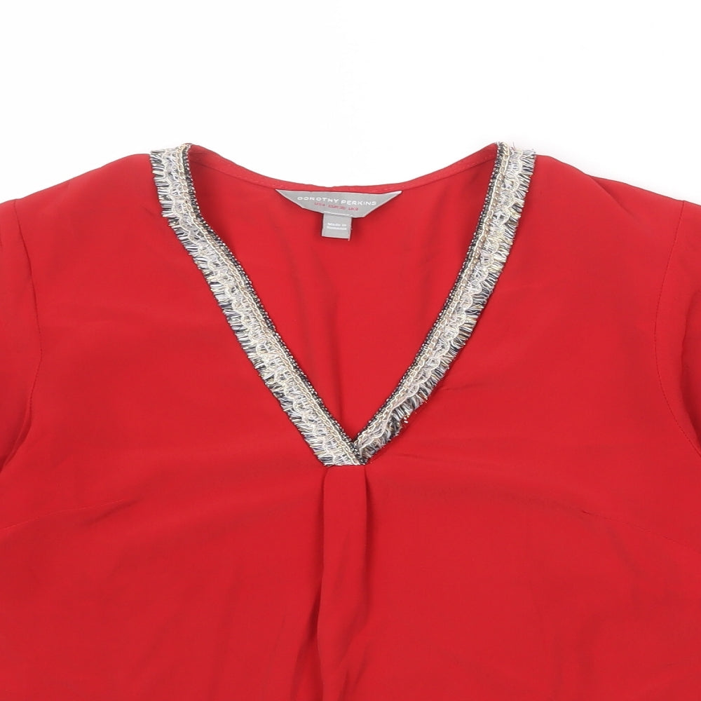 Dorothy Perkins Womens Red Polyester Basic Blouse Size 8 V-Neck