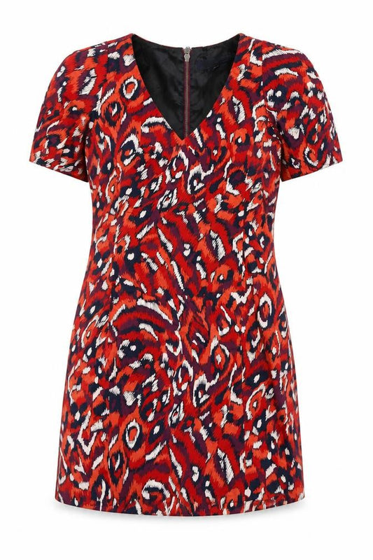 Front view of French Connection women’s multicoloured geometric cotton a-line, size UK 8, v-neck zip