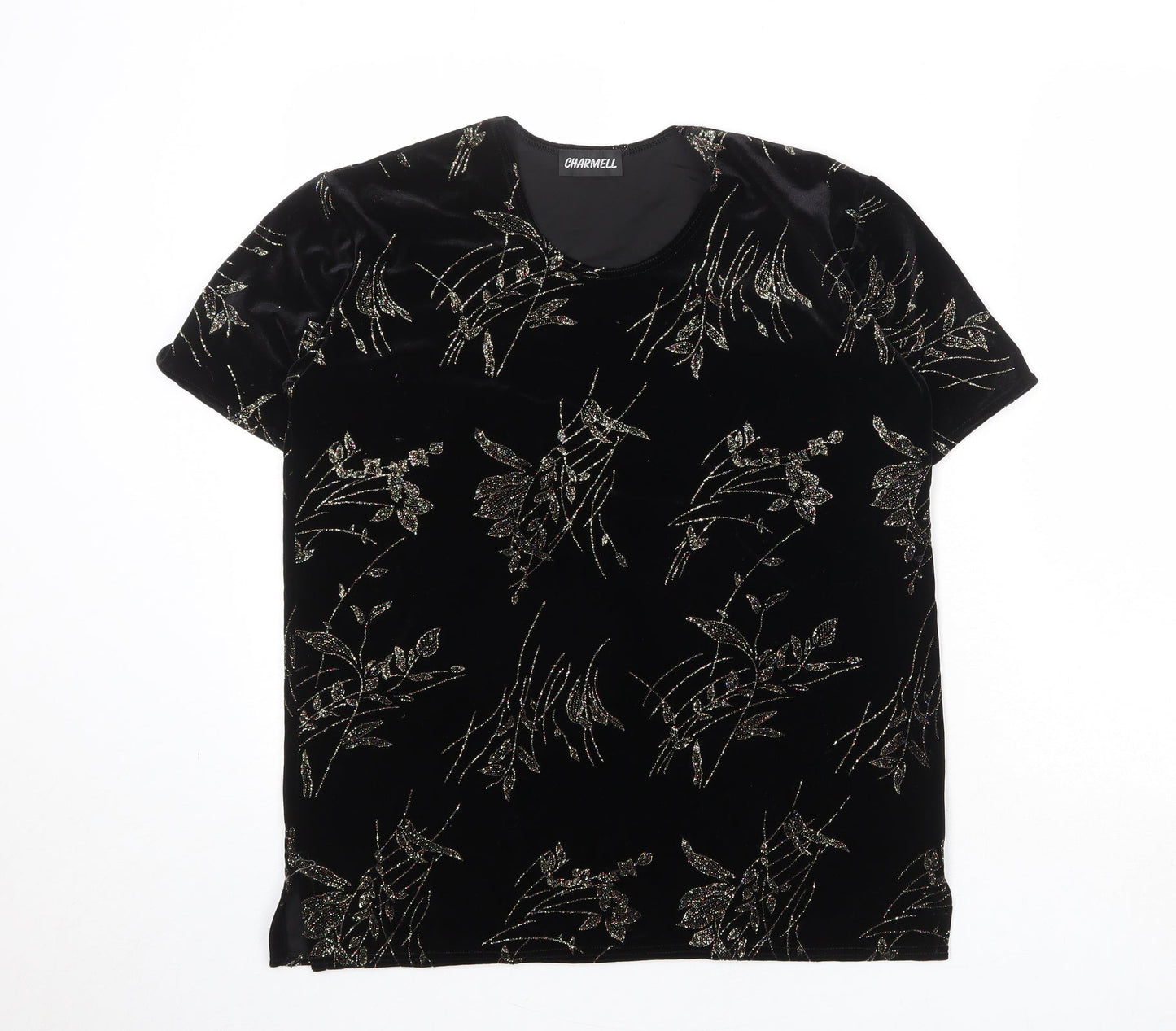 Charmell Womens Black Geometric Polyester Basic T-Shirt Size M Round Neck
