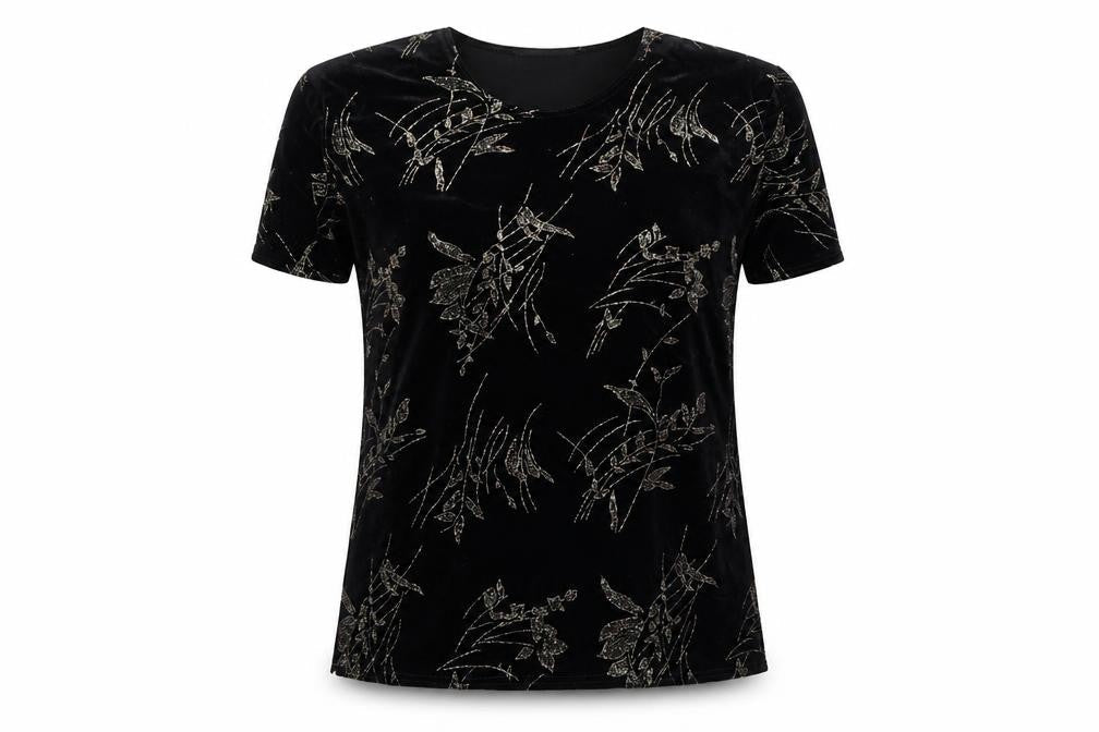 Charmell Womens Black Geometric Polyester Basic T-Shirt Size M Round Neck