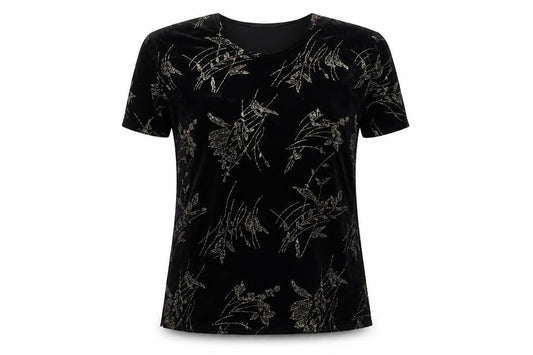 Charmell Womens Black Geometric Polyester Basic T-Shirt Size M Round Neck