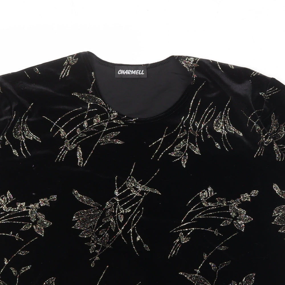 Charmell Womens Black Geometric Polyester Basic T-Shirt Size M Round Neck