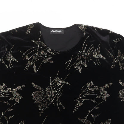 Charmell Womens Black Geometric Polyester Basic T-Shirt Size M Round Neck