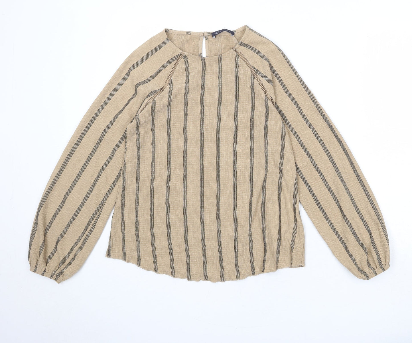 Marks and Spencer Womens Brown Striped Polyester Basic Blouse Size 6 Round Neck