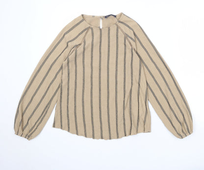 Marks & Spencer Womens Brown Striped Polyester Basic Blouse Size 6 Round Neck