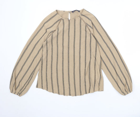 Marks and Spencer Womens Brown Striped Polyester Basic Blouse Size 6 Round Neck