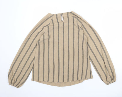 Marks & Spencer Womens Brown Striped Polyester Basic Blouse Size 6 Round Neck