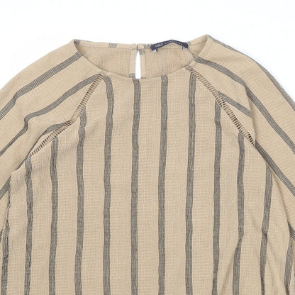 Marks & Spencer Womens Brown Striped Polyester Basic Blouse Size 6 Round Neck