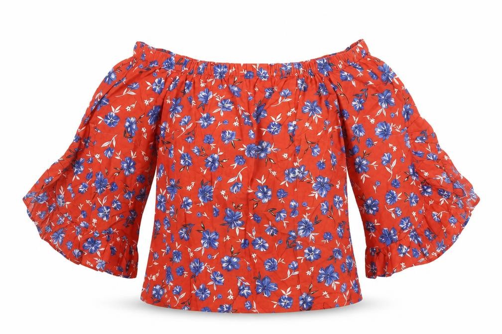 Very Womens Red Floral Cotton Basic Blouse Size 10 Boat Neck