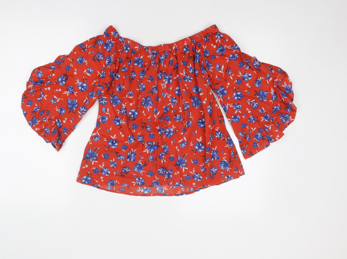 Very Womens Red Floral Cotton Basic Blouse Size 10 Boat Neck