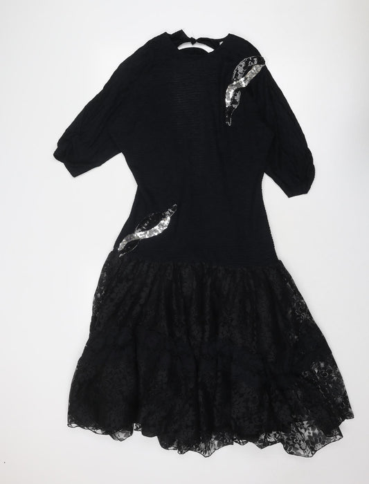 Fashion Style Womens Black Floral Polyamide Fit & Flare Size 10 Round Neck Zip
