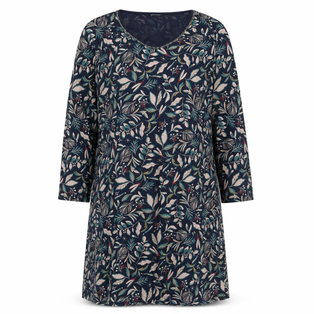 Damart Womens Blue Geometric Cotton A-Line Size L Round Neck Pullover - Leaf Pattern