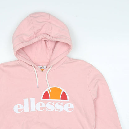 Close-up detail of Ellesse women’s pink cotton pullover hoodie, size UK 12, pullover