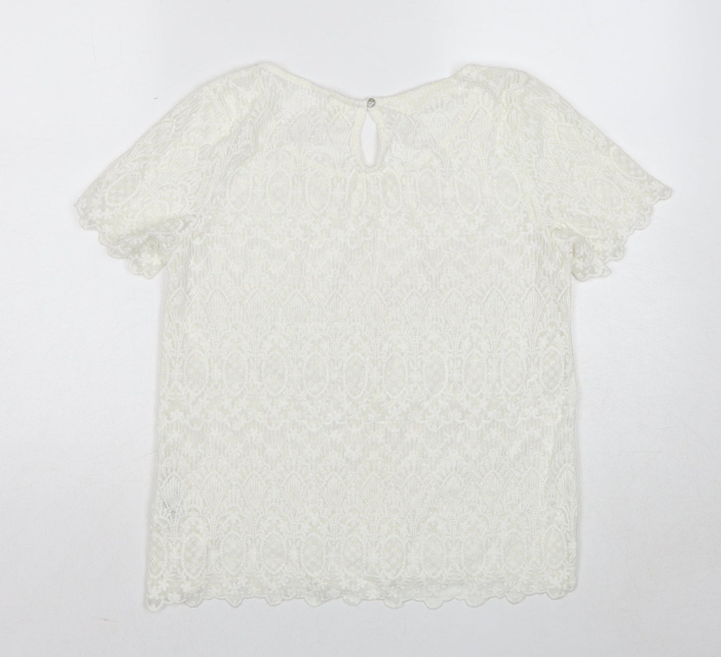 H&M Womens White Geometric Cotton Basic T-Shirt Size 12 Round Neck