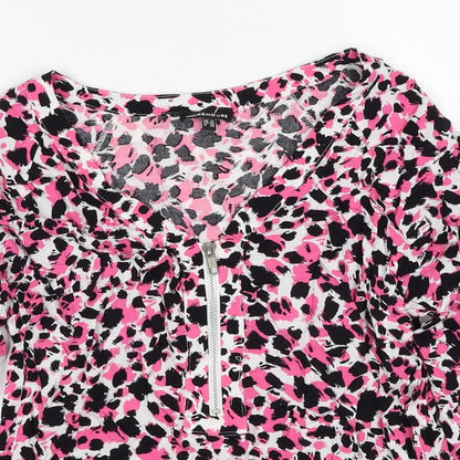 Warehouse Womens Pink Geometric Viscose Basic Blouse Size 12 V-Neck