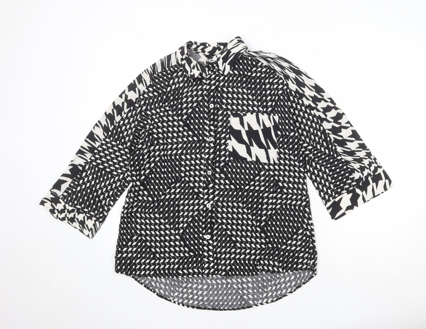 NEXT Womens Black Geometric Viscose Basic Button-Up Size 10 Collared