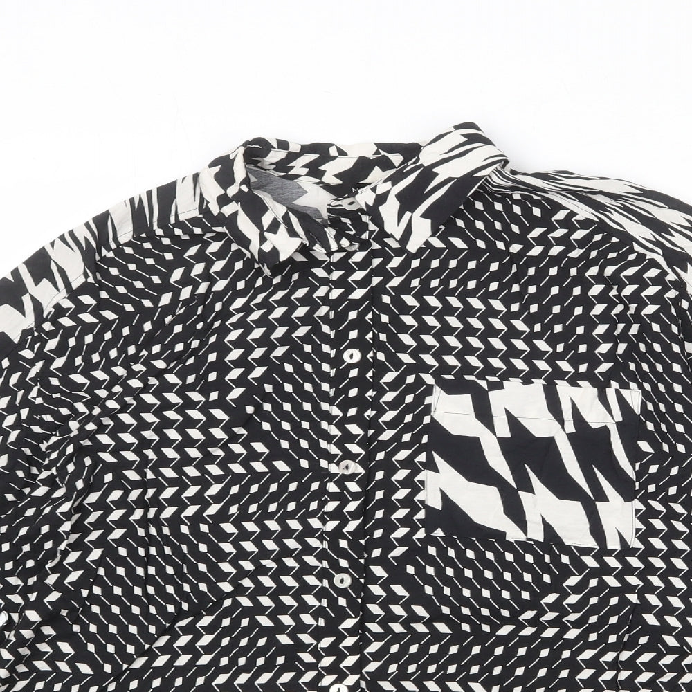 NEXT Womens Black Geometric Viscose Basic Button-Up Size 10 Collared