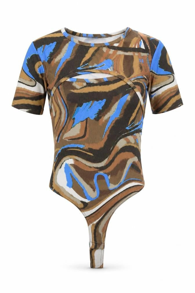 PRETTYLITTLETHING Womens Brown Geometric Polyester Bodysuit One-Piece Size 6 Pullover