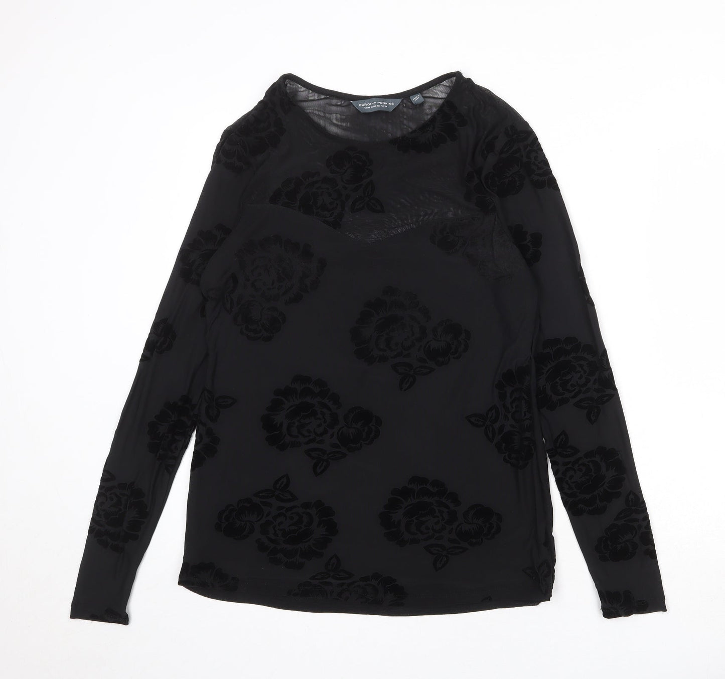 Dorothy Perkins Womens Black Floral Polyester Basic Blouse Size 14 Round Neck