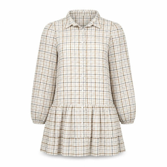 In the Style Womens Beige Plaid Polyester Shirt Dress Size 8 Collared Button