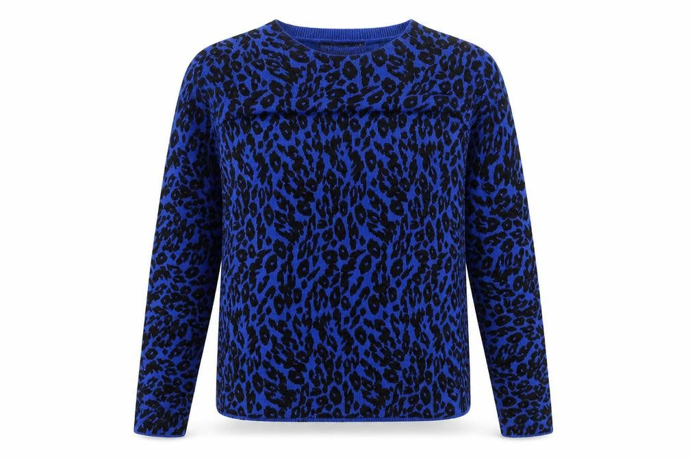 Marks & Spencer Womens Blue Round Neck Animal Print Acrylic Pullover Jumper Size 8 - Leopard Print