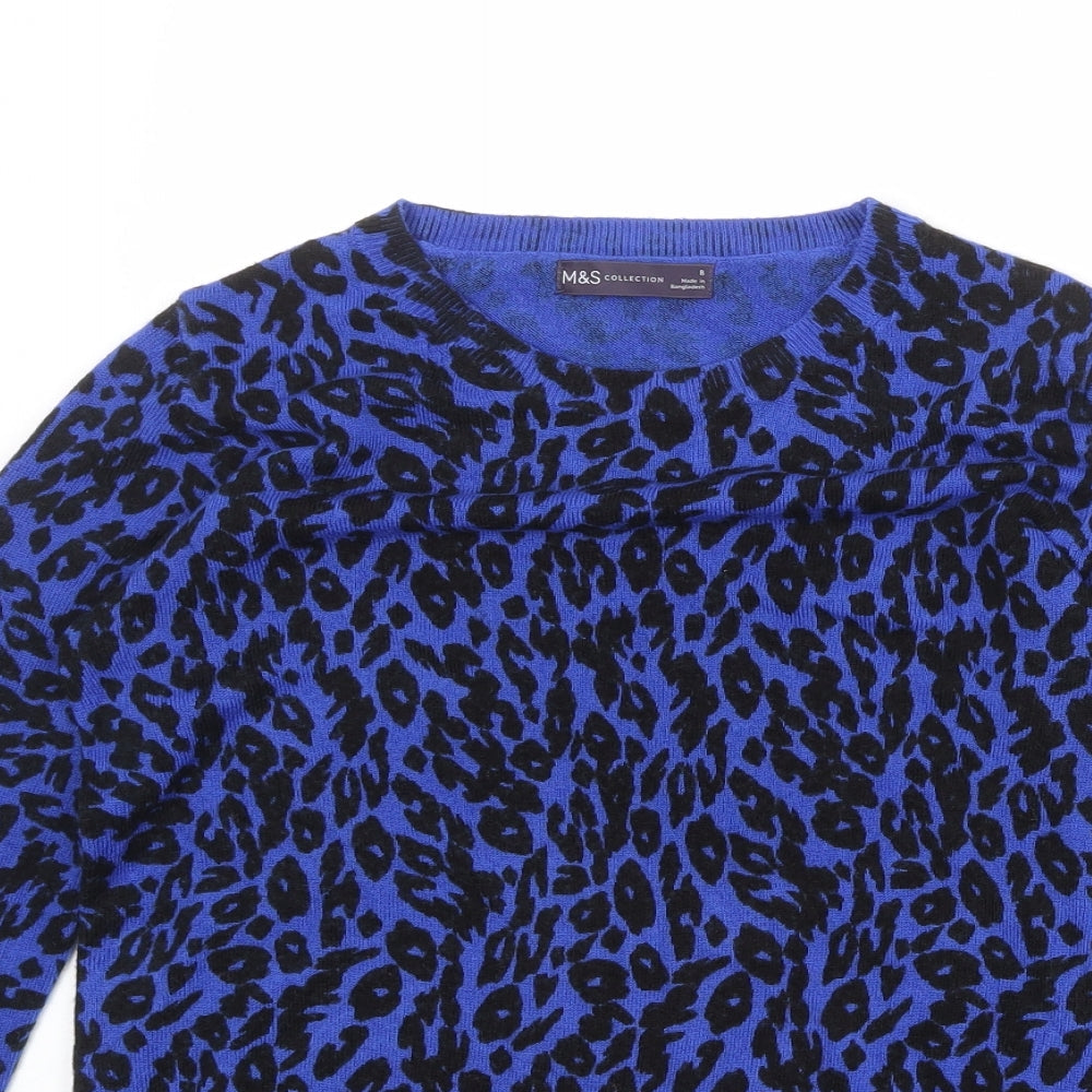Marks and Spencer Womens Blue Round Neck Animal Print Acrylic Pullover Jumper Size 8 - Leopard Print